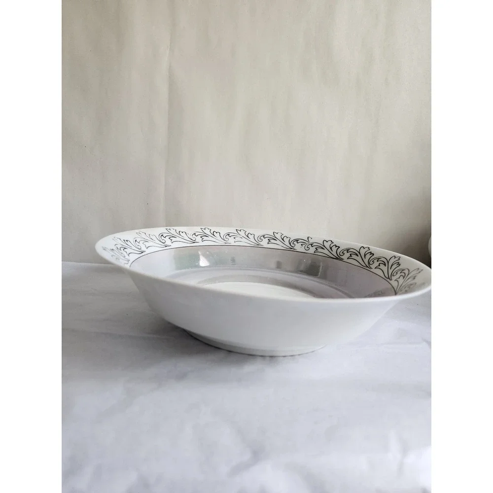 Vintage RS Germany Porcelain Lusterware Bowl Black Scroll Leaf Iridescent White